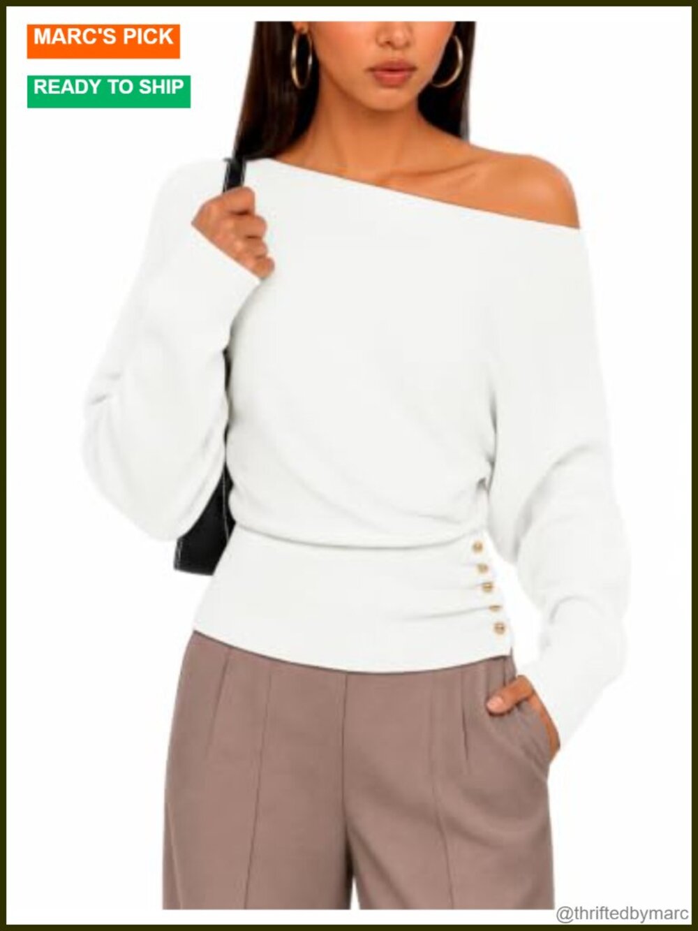 Women's Ribbed Knit Off Shoulder Sweater Gold Button Batwing Sleeve Pullover